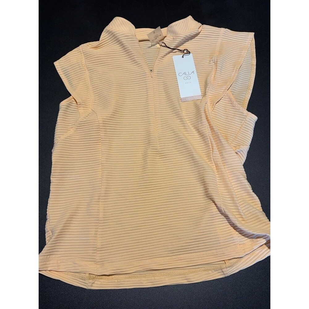 Calia Womens Small Renew Cap Sleeve Shirt Peach Sherbet Ribbed 1/4 Zip NWT